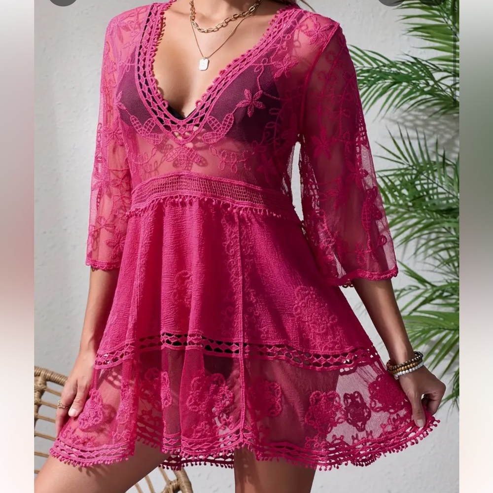 657.Elegant Bohemian Lace Dress]Sheer Pink Embroidered V-Neck Beach Cover-Up